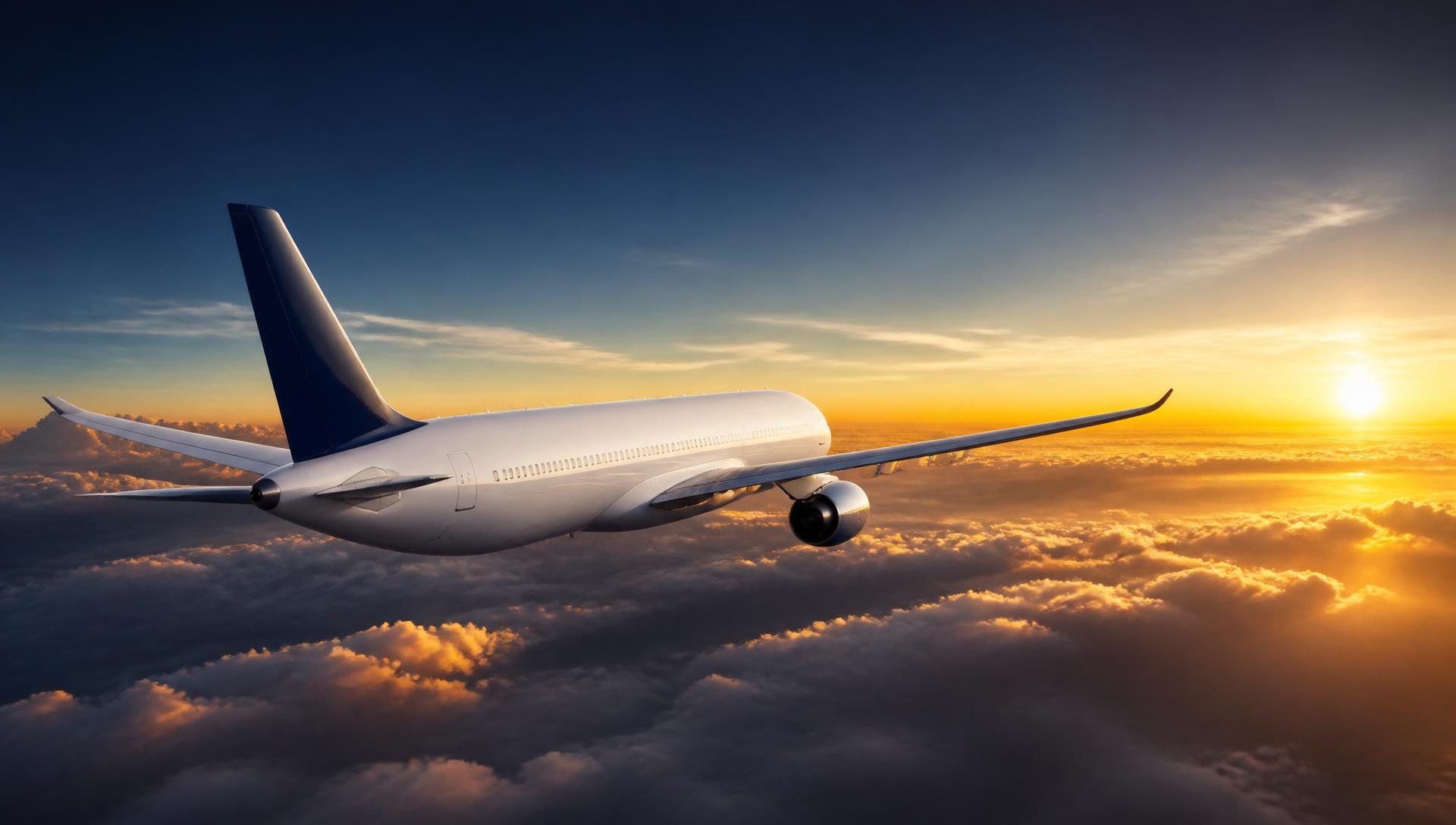 Commercial aircraft cruising above golden clouds